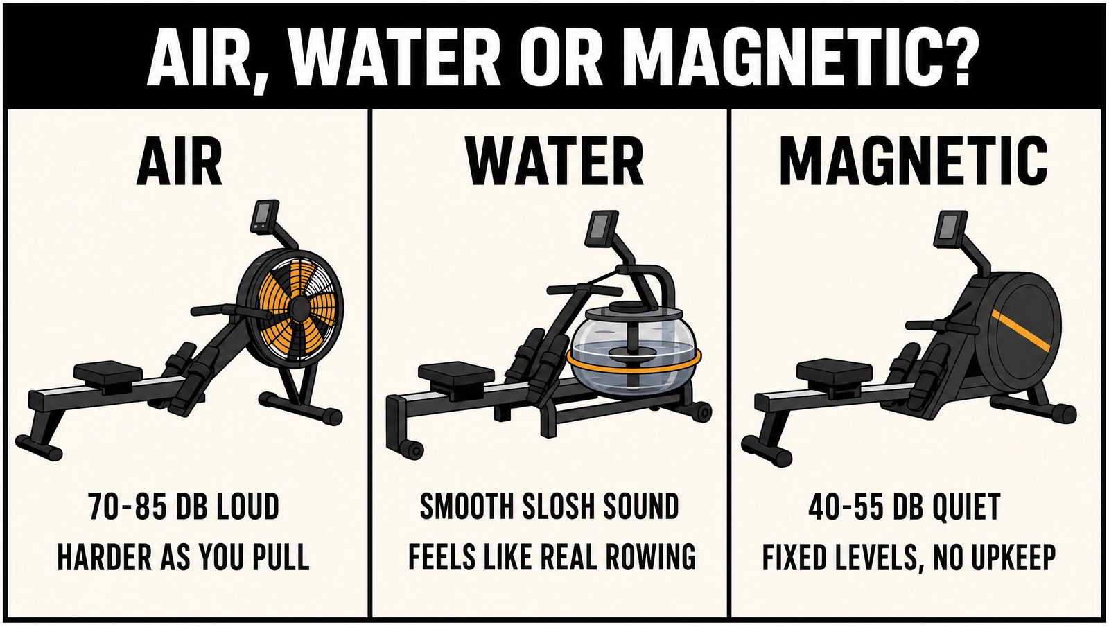 Diagram comparing air rowing machines at 70 to 85 decibels, water rowers with a smooth slosh sound, and magnetic rowers at 40 to 55 decibels with fixed levels