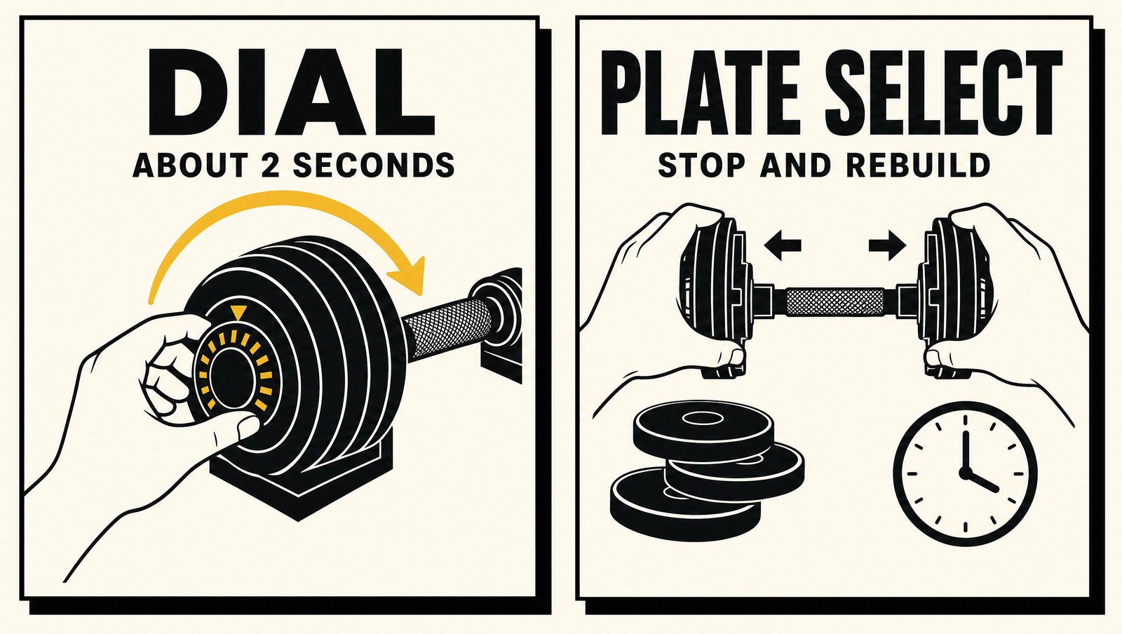 Diagram comparing a dial adjustment taking about two seconds with plate-select adjustment that requires stopping and rebuilding the handle
