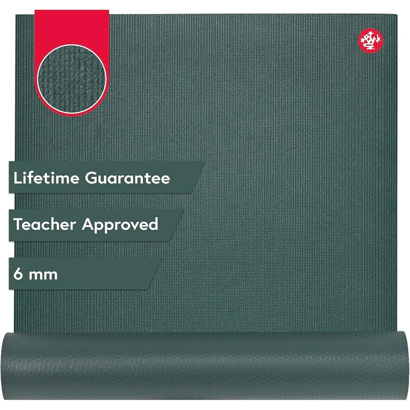 Manduka PRO 6mm yoga mat in Black Sage rolled and flat